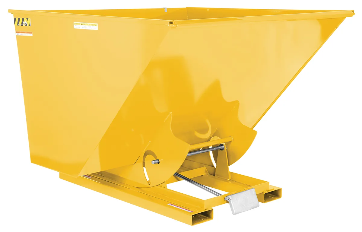 Vestil D-250-HD-YEL d style - self-dumping steel hoppers with bumper release