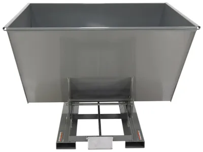 Vestil D-250-MD-GY-SG d style - self-dumping steel hoppers with bumper release shown from an alternate angle