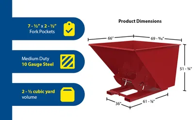 Vestil D-250-MD-NB-SR d-style hoppers, no bump & dump feature highlights