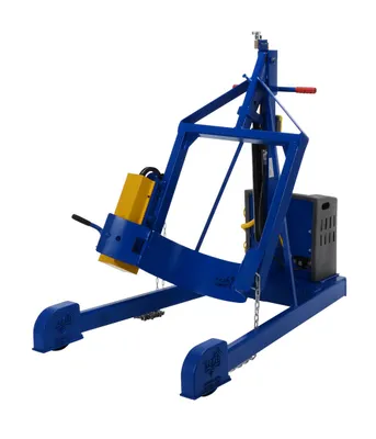 Vestil Steel Portable AC Powered Hydraulic Drum Carrier, Rotator and Boom 80-5/8 In. Lift Height 800 Lb. Capacity Blue / Yellow