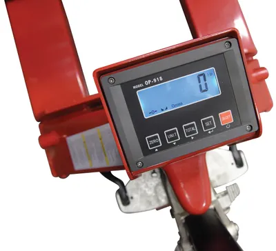 Vestil PM-2146-TL-SCL-LP pallet trucks with digital scale shown from an alternate angle