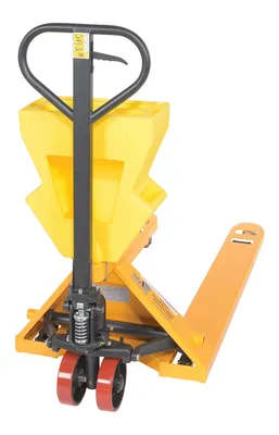 Vestil PM5-2748-Y-UP-001 pallet trucks with p-caddy shown from an alternate angle