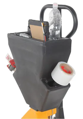 Vestil PM5-2748-Y-UP-002 pallet trucks with p-caddy shown from an alternate angle
