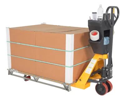 Vestil PM5-2748-Y-UP-002 pallet trucks with p-caddy shown from an alternate angle