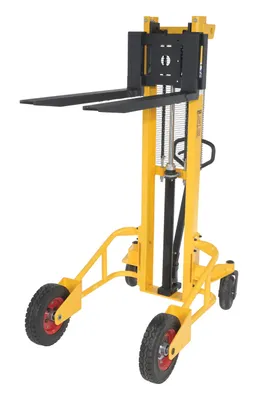 Vestil Steel Narrow Manual Rough Terrain Stacker 59 In. Raised Height 1,500 Lb. Capacity Yellow/Black