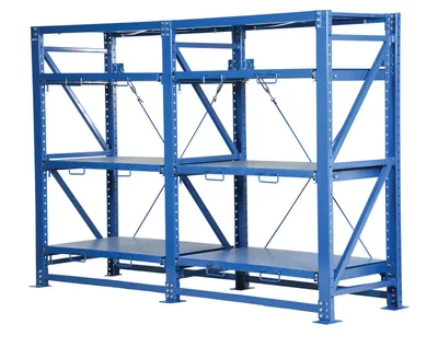 Vestil VRSOR-120 heavy duty roll-out shelving shown from an alternate angle